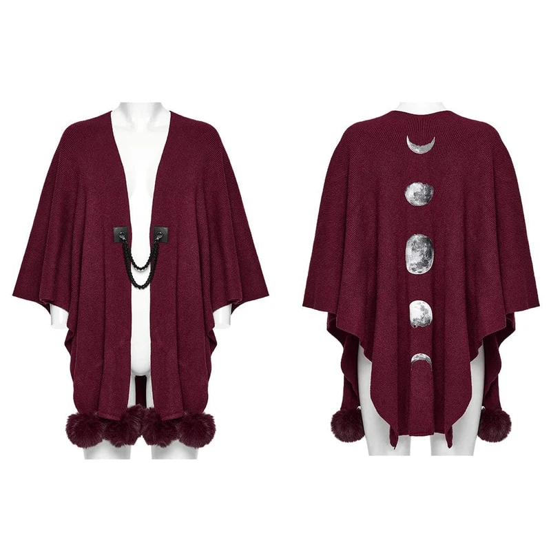 Flauschiger Mantel mit Gothic-Moon-Print für Damen in Rot