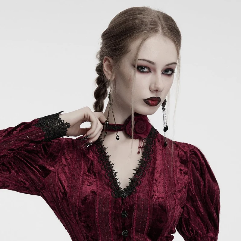 Damen Gothic Floral bestickte Rose Samt Choker Rot