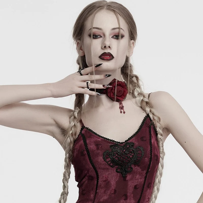 Damen Gothic Floral bestickte Rose Samt Choker Rot