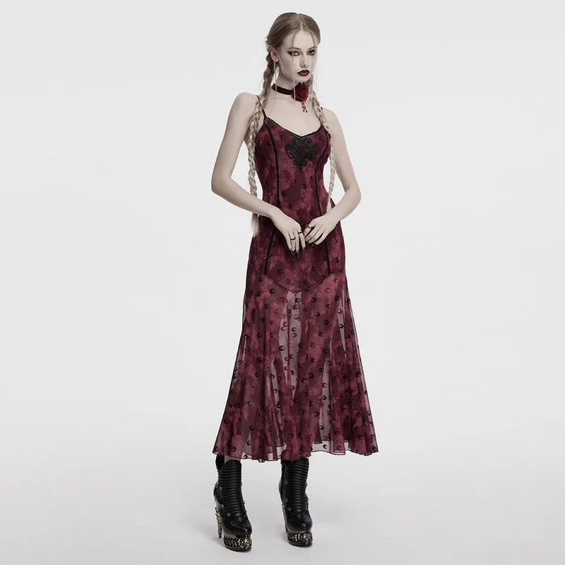 Damen Gothic Floral bestickte Rose Samt Choker Rot