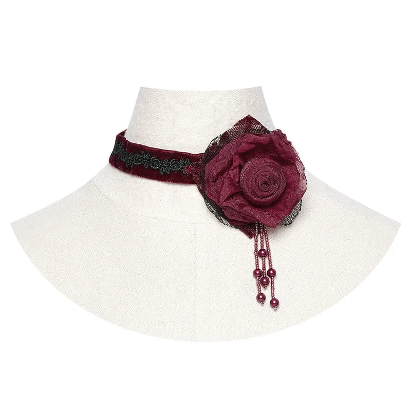 Damen Gothic Floral bestickte Rose Samt Choker Rot