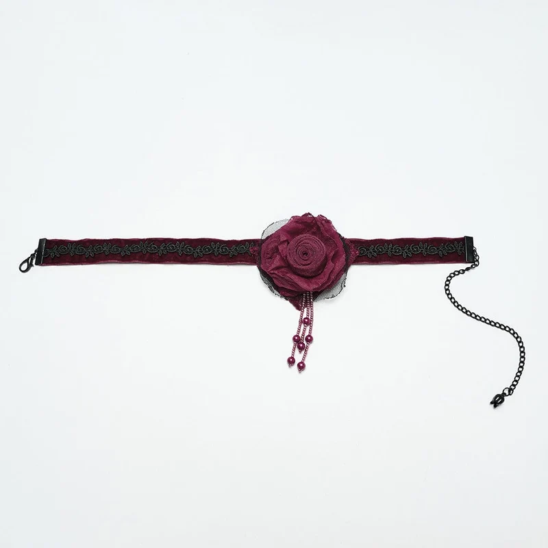 Damen Gothic Floral bestickte Rose Samt Choker Rot