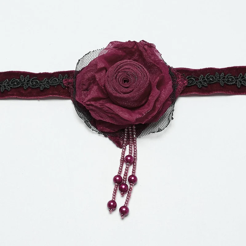 Damen Gothic Floral bestickte Rose Samt Choker Rot