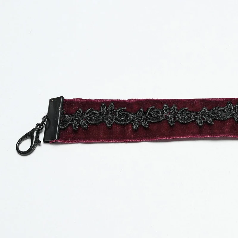 Damen Gothic Floral bestickte Rose Samt Choker Rot