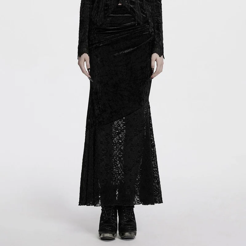 Gothic Batwing Lace Splice Velvet Fishtail Rock für Damen Schwarz