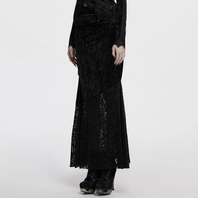 Gothic Batwing Lace Splice Velvet Fishtail Rock für Damen Schwarz