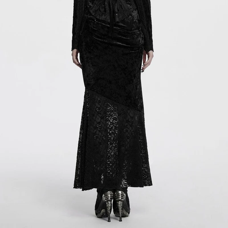 Gothic Batwing Lace Splice Velvet Fishtail Rock für Damen Schwarz