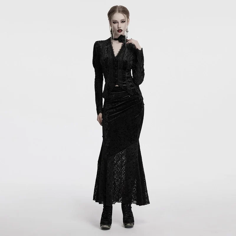 Gothic Batwing Lace Splice Velvet Fishtail Rock für Damen Schwarz