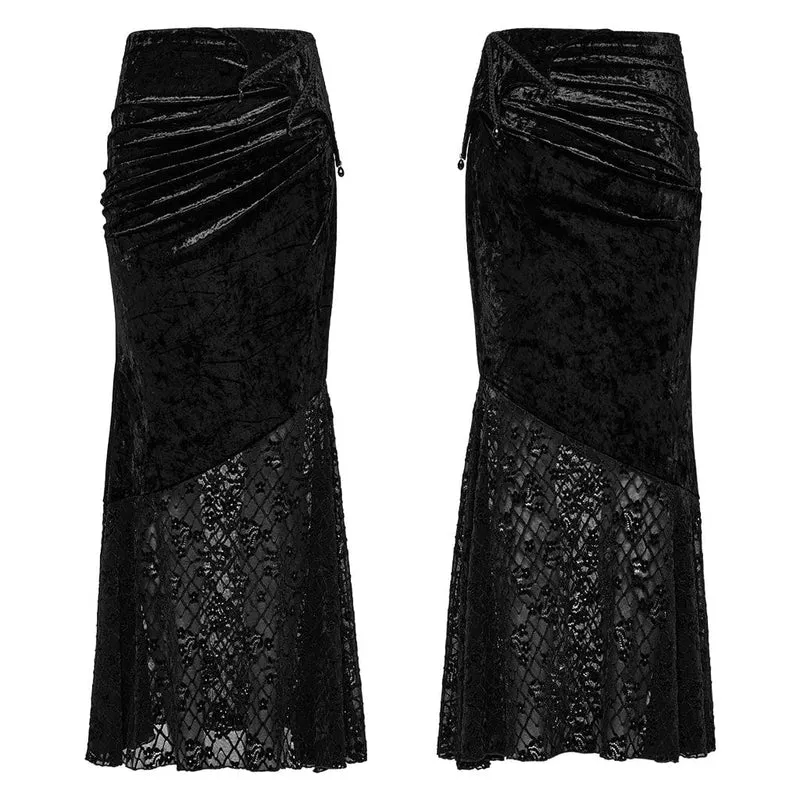 Gothic Batwing Lace Splice Velvet Fishtail Rock für Damen Schwarz