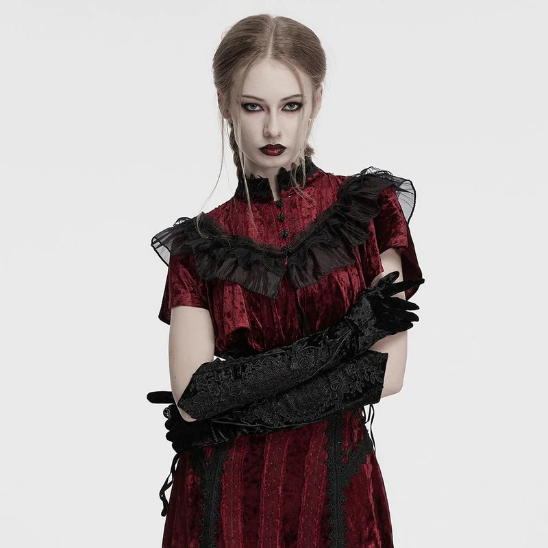 Gothic-Handschuhe aus Samt mit Blumenstickerei für Damen, zum Schnüren, Schwarz