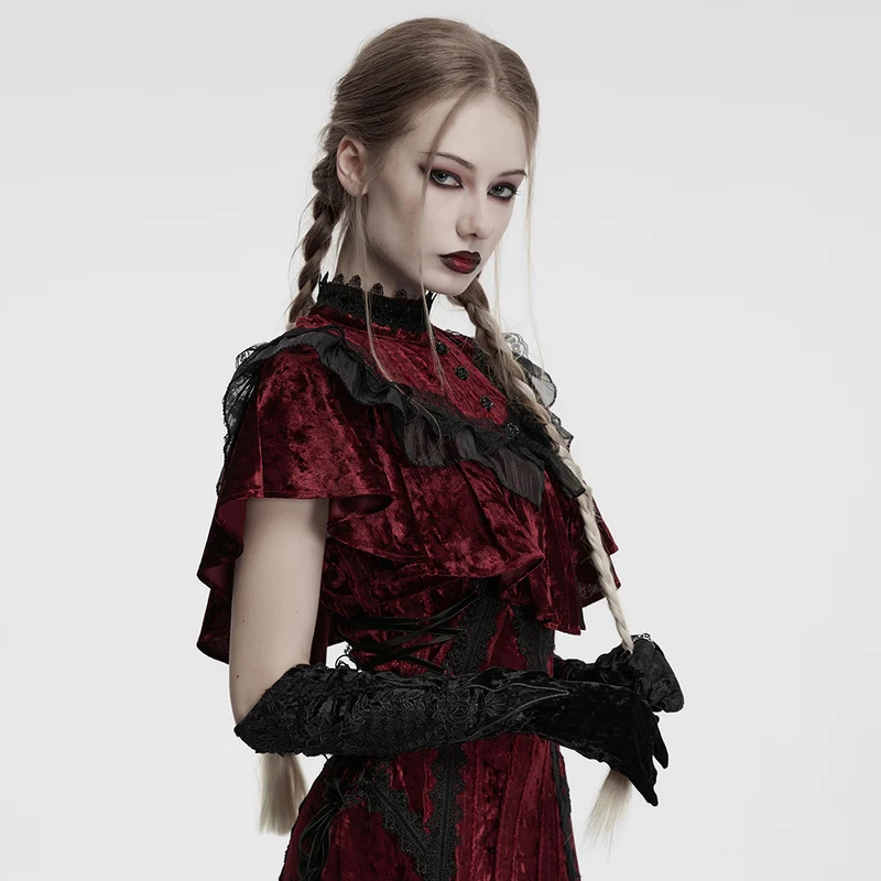 Gothic-Handschuhe aus Samt mit Blumenstickerei für Damen, zum Schnüren, Schwarz