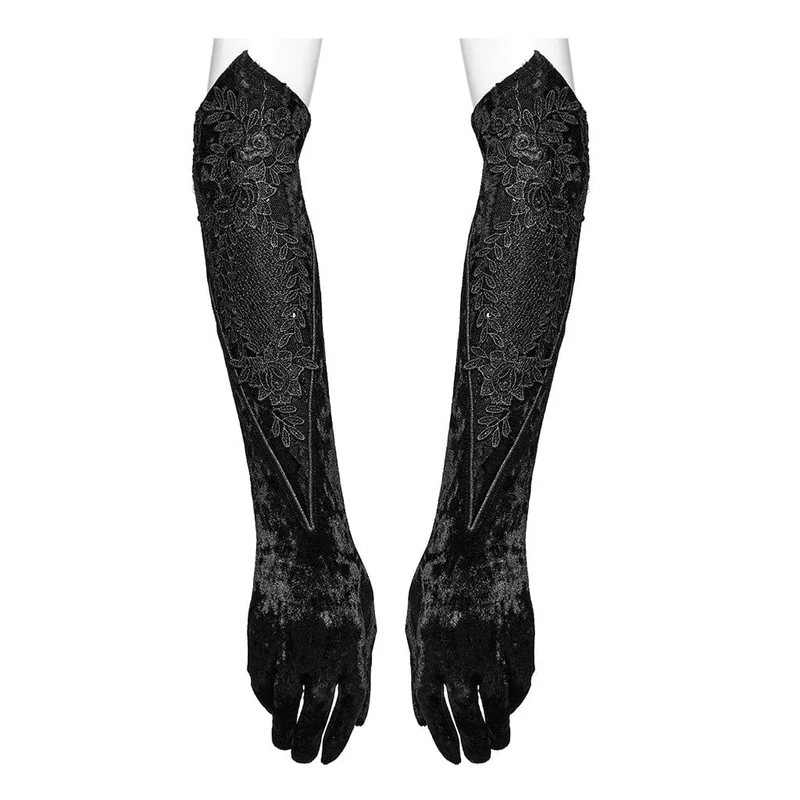 Gothic-Handschuhe aus Samt mit Blumenstickerei für Damen, zum Schnüren, Schwarz