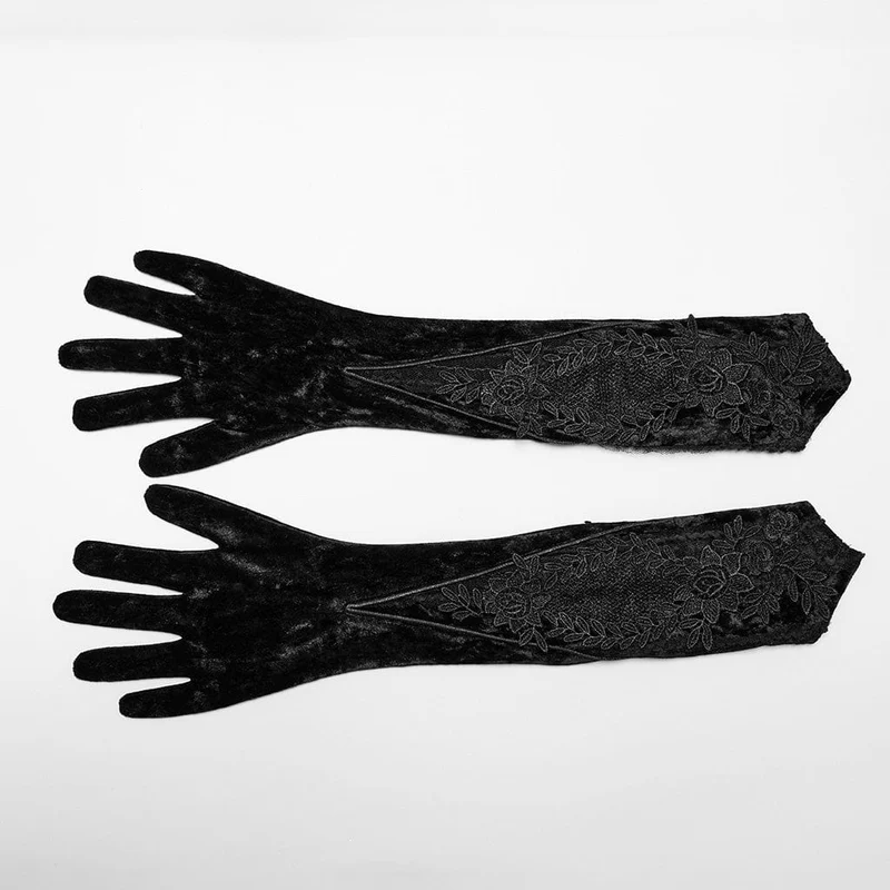 Gothic-Handschuhe aus Samt mit Blumenstickerei für Damen, zum Schnüren, Schwarz