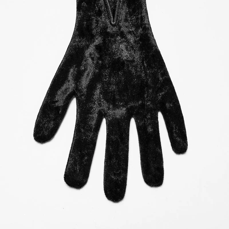 Gothic-Handschuhe aus Samt mit Blumenstickerei für Damen, zum Schnüren, Schwarz