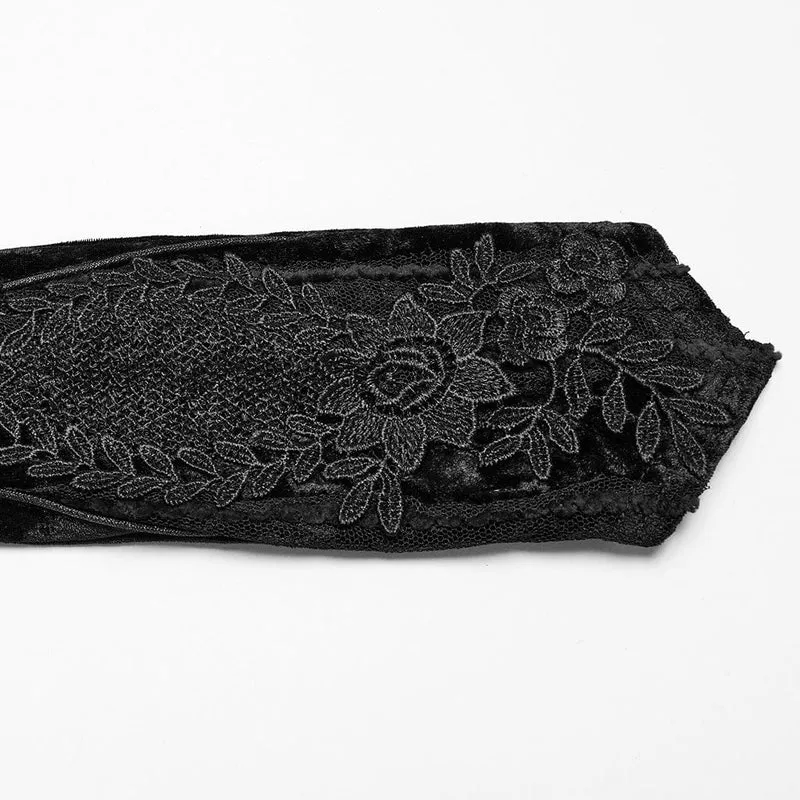 Gothic-Handschuhe aus Samt mit Blumenstickerei für Damen, zum Schnüren, Schwarz