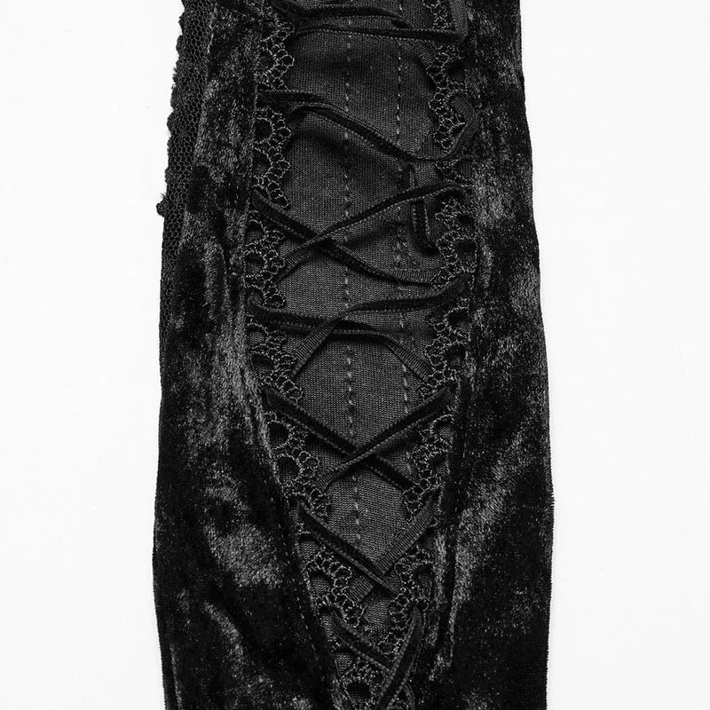 Gothic-Handschuhe aus Samt mit Blumenstickerei für Damen, zum Schnüren, Schwarz