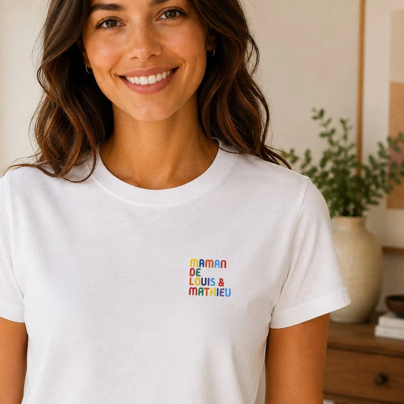 T-shirt personnalisé maman - Prénoms multicolores brodés