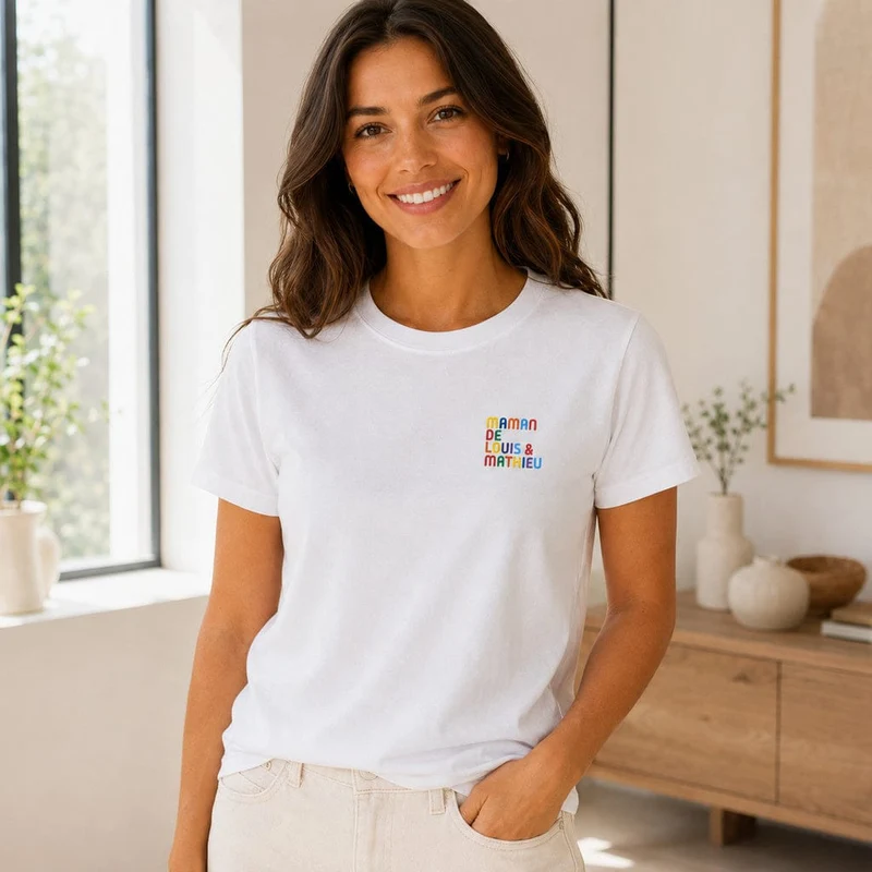 T-shirt personnalisé maman - Prénoms multicolores brodés