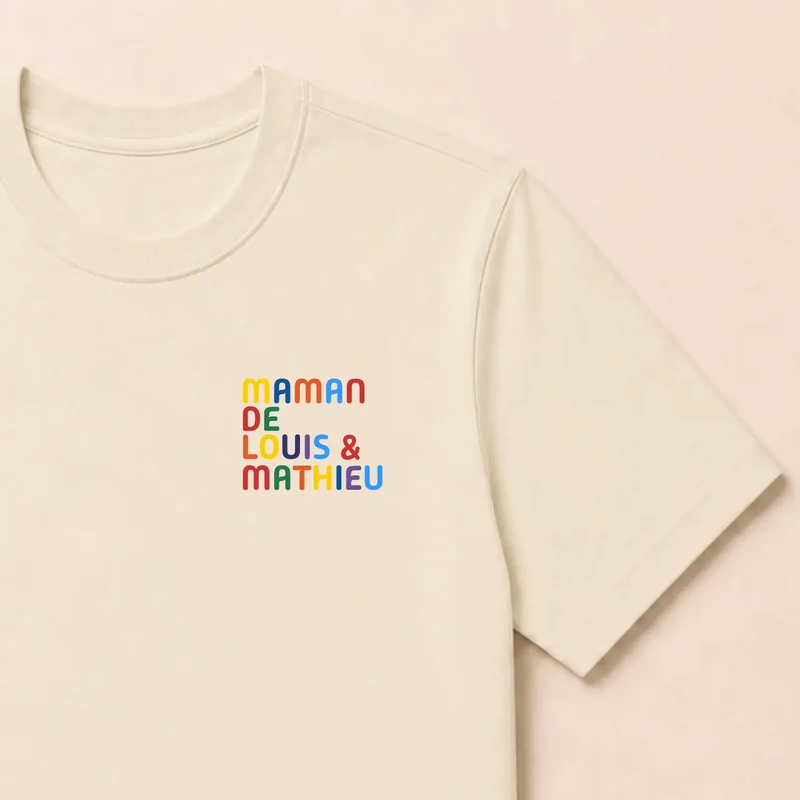 T-shirt personnalisé maman - Prénoms multicolores brodés
