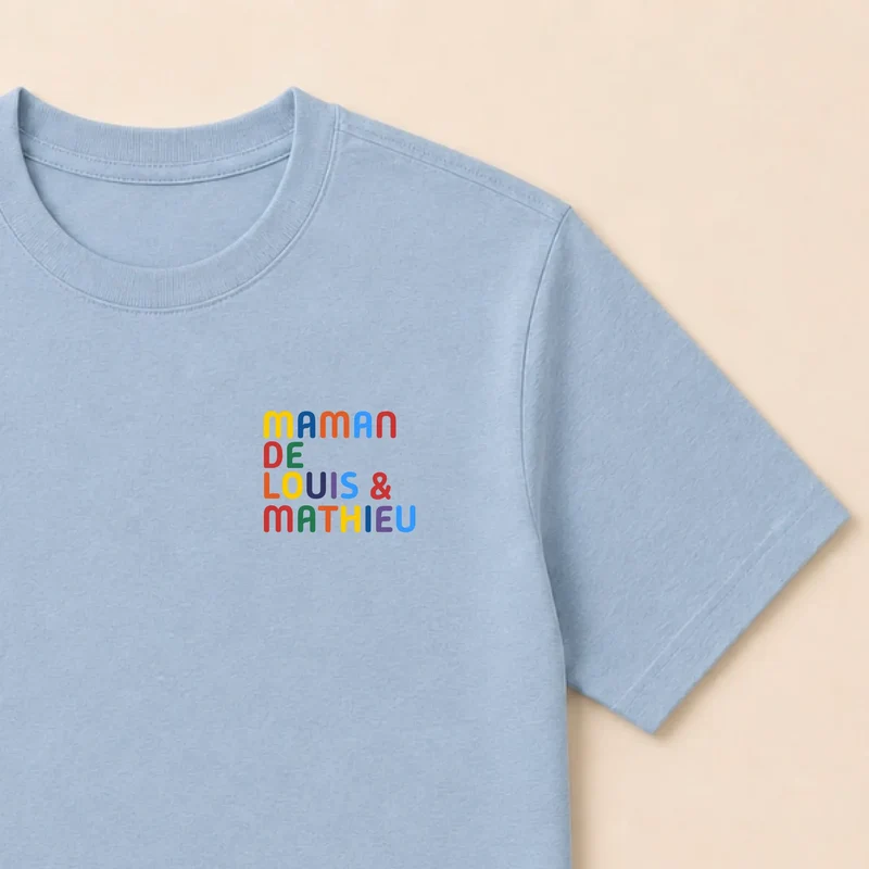 T-shirt personnalisé maman - Prénoms multicolores brodés