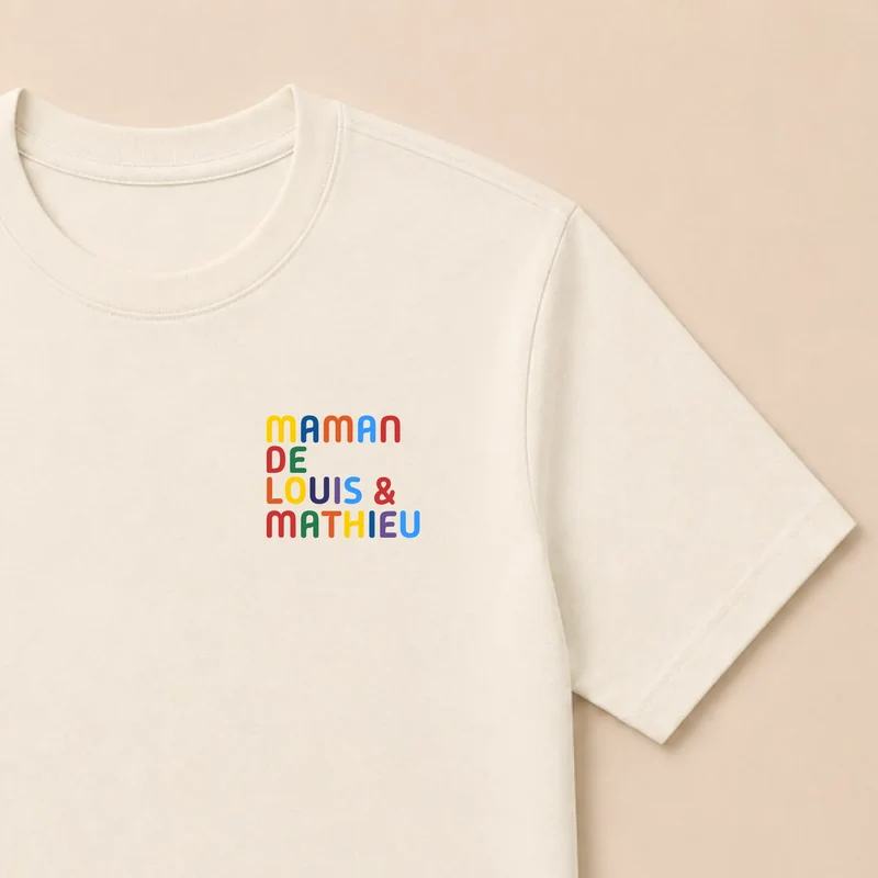 T-shirt personnalisé maman - Prénoms multicolores brodés