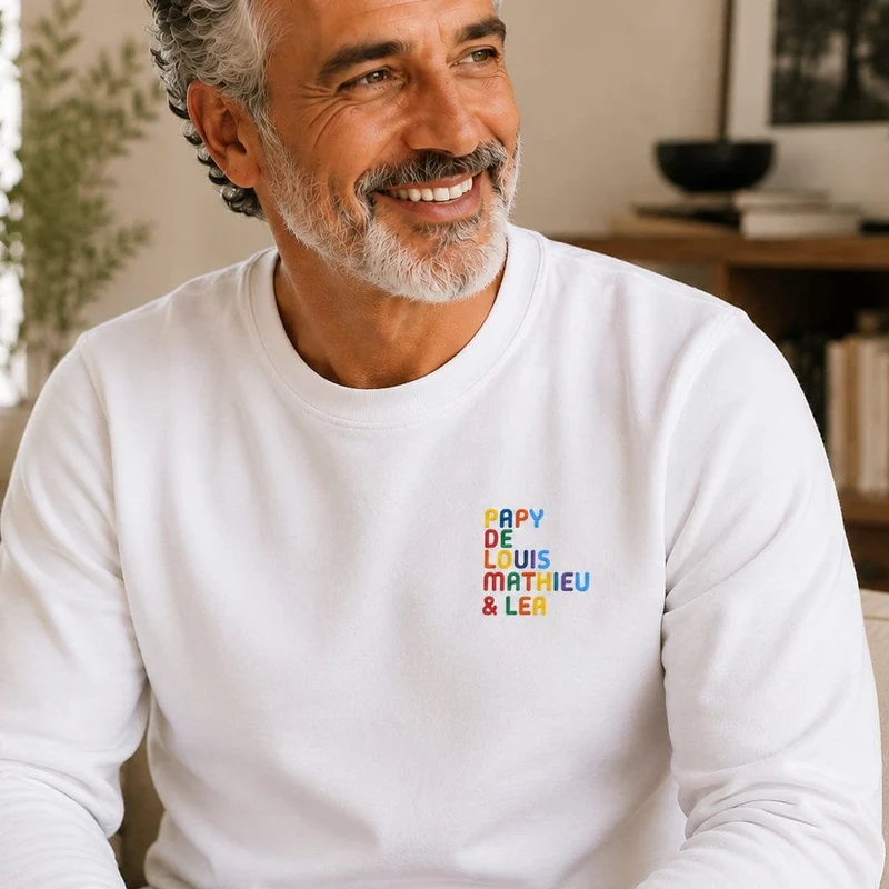 Pull personnalisé papy - Prénoms multicolores brodés