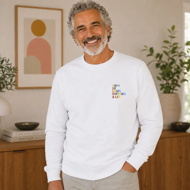 Pull personnalisé papy - Prénoms multicolores brodés