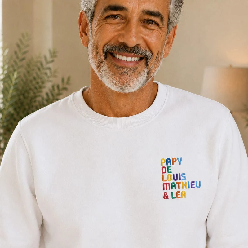 Pull personnalisé papy - Prénoms multicolores brodés