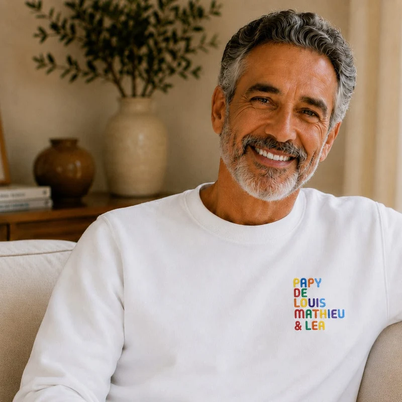 Pull personnalisé papy - Prénoms multicolores brodés