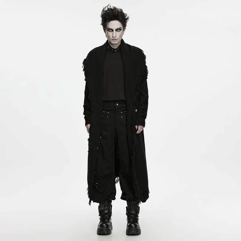 Gothic-Strickjacke für Herren mit Blumenmuster, geprägten Knöpfen, großer Tasche, Reverskragen und Fransen