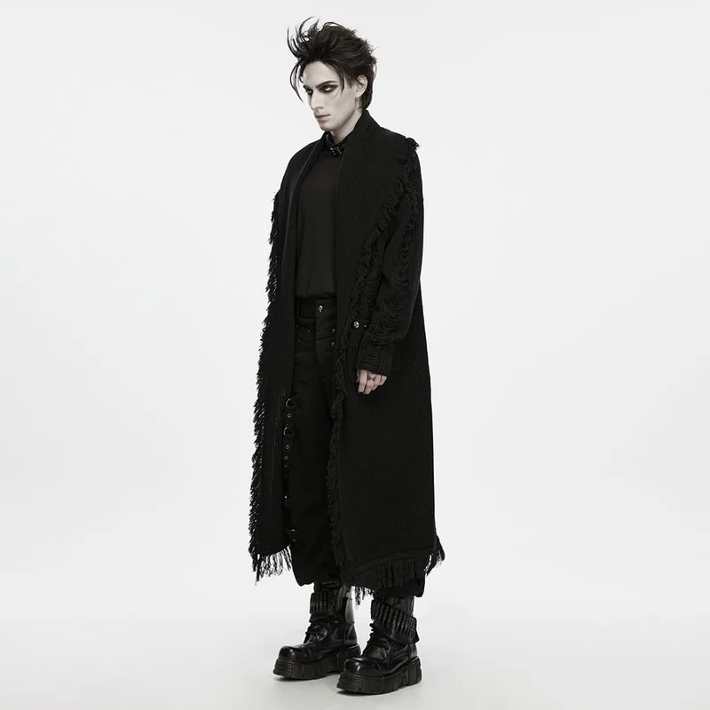 Gothic-Strickjacke für Herren mit Blumenmuster, geprägten Knöpfen, großer Tasche, Reverskragen und Fransen