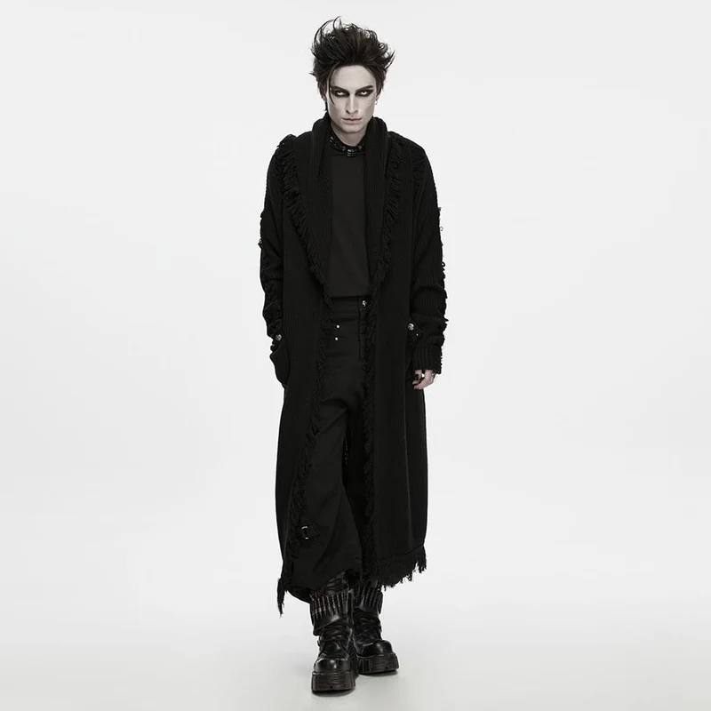 Gothic-Strickjacke für Herren mit Blumenmuster, geprägten Knöpfen, großer Tasche, Reverskragen und Fransen
