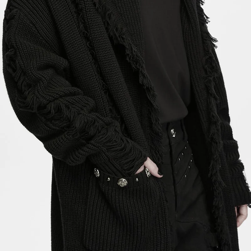 Gothic-Strickjacke für Herren mit Blumenmuster, geprägten Knöpfen, großer Tasche, Reverskragen und Fransen