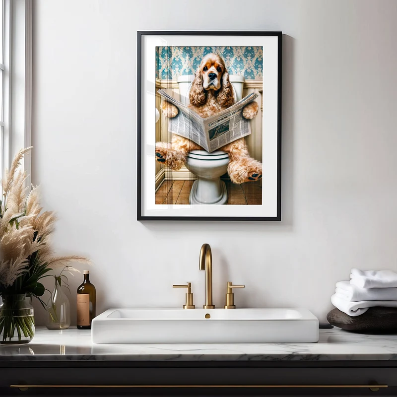 Deko Badezimmer Poster Cocker Spaniel Gäste WC Geschenk Hauskauf Tiere auf dem Klo Poster Lustig Wanddekoration Hund auf Klo liest Zeitung