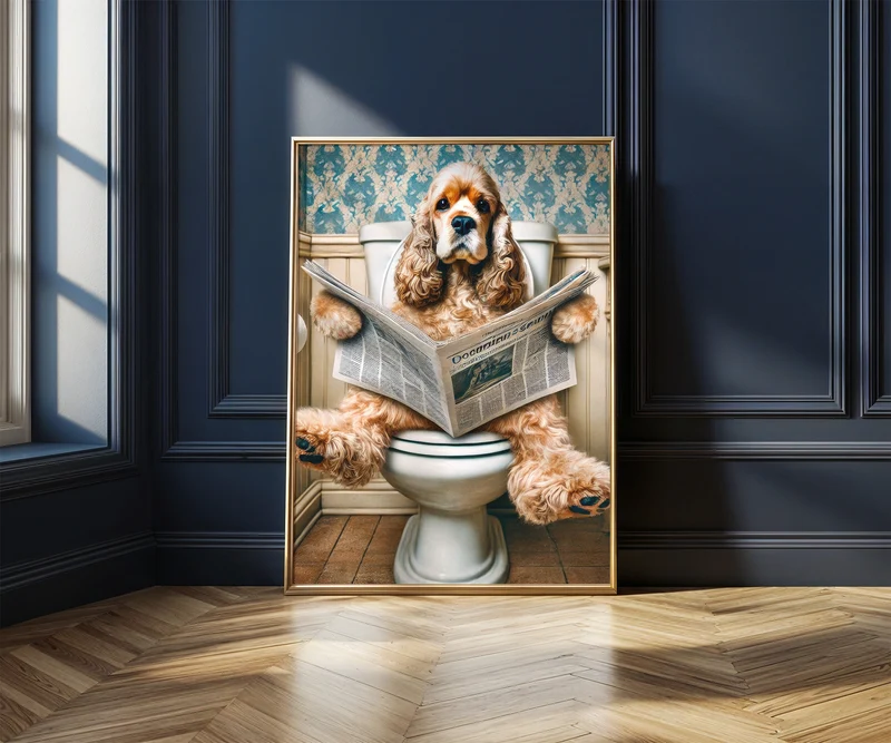 Deko Badezimmer Poster Cocker Spaniel Gäste WC Geschenk Hauskauf Tiere auf dem Klo Poster Lustig Wanddekoration Hund auf Klo liest Zeitung