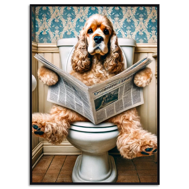 Deko Badezimmer Poster Cocker Spaniel Gäste WC Geschenk Hauskauf Tiere auf dem Klo Poster Lustig Wanddekoration Hund auf Klo liest Zeitung