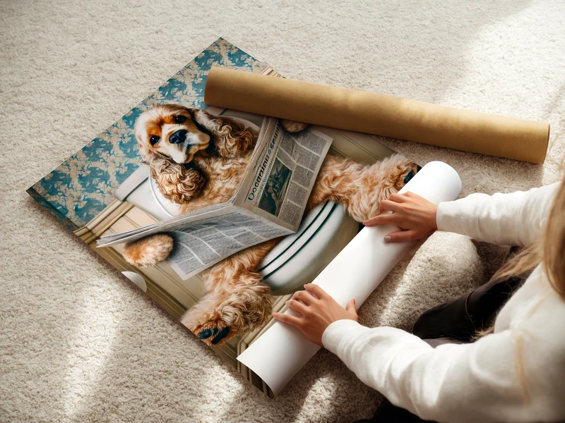 Deko Badezimmer Poster Cocker Spaniel Gäste WC Geschenk Hauskauf Tiere auf dem Klo Poster Lustig Wanddekoration Hund auf Klo liest Zeitung