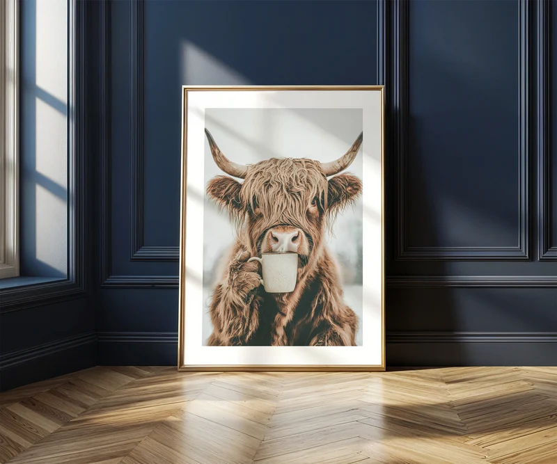 Küchen Prints Kaffeeposter Highland Kuh Trinkt Kaffee Esszimmer Bild Küchen Poster Küchen Deko Wand Kaffee Geschenk Umzug Highland Cow