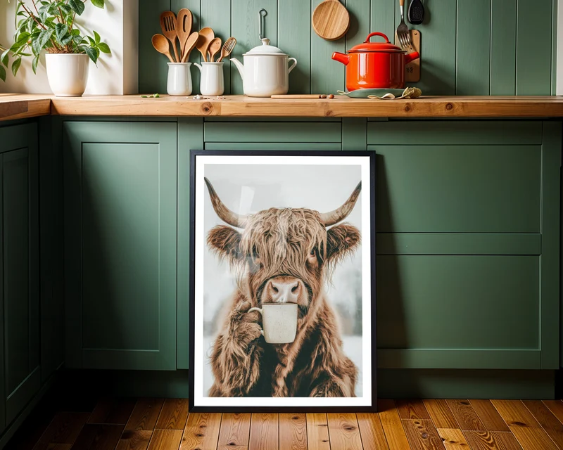 Küchen Prints Kaffeeposter Highland Kuh Trinkt Kaffee Esszimmer Bild Küchen Poster Küchen Deko Wand Kaffee Geschenk Umzug Highland Cow
