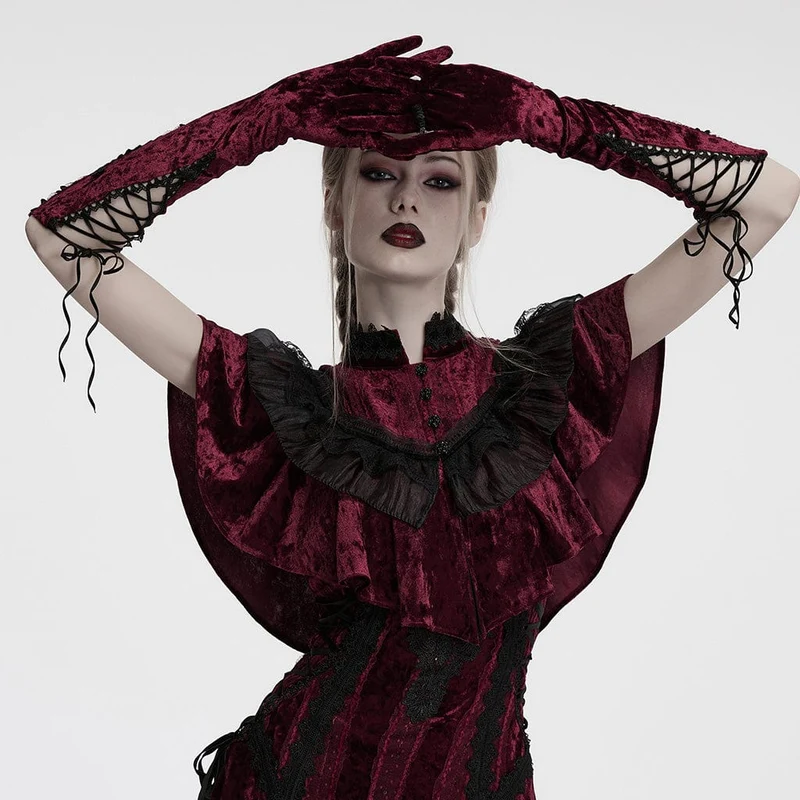 Gothic-Handschuhe aus Samt mit Blumenstickerei für Damen, zum Schnüren, Rot