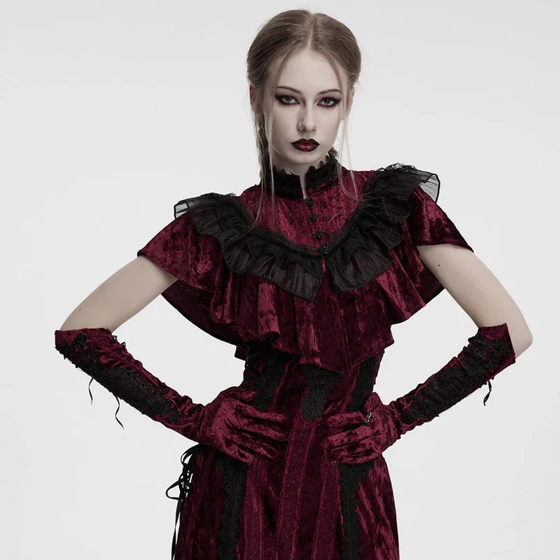 Gothic-Handschuhe aus Samt mit Blumenstickerei für Damen, zum Schnüren, Rot