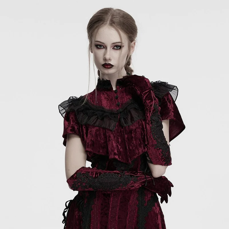 Gothic-Handschuhe aus Samt mit Blumenstickerei für Damen, zum Schnüren, Rot