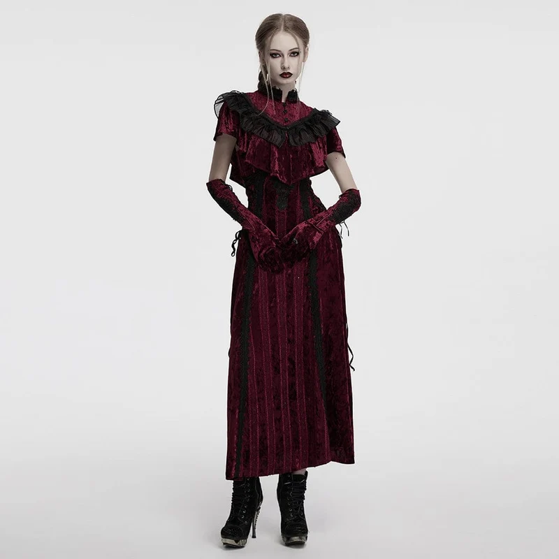 Gothic-Handschuhe aus Samt mit Blumenstickerei für Damen, zum Schnüren, Rot