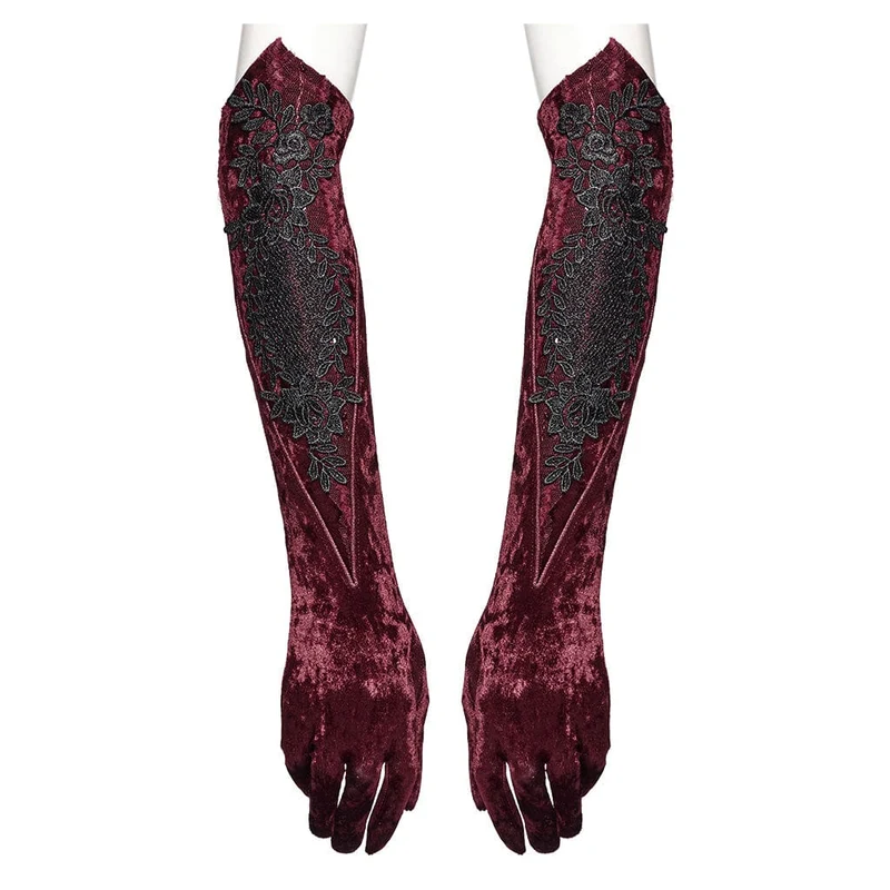 Gothic-Handschuhe aus Samt mit Blumenstickerei für Damen, zum Schnüren, Rot