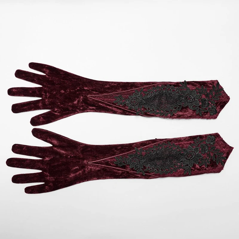 Gothic-Handschuhe aus Samt mit Blumenstickerei für Damen, zum Schnüren, Rot