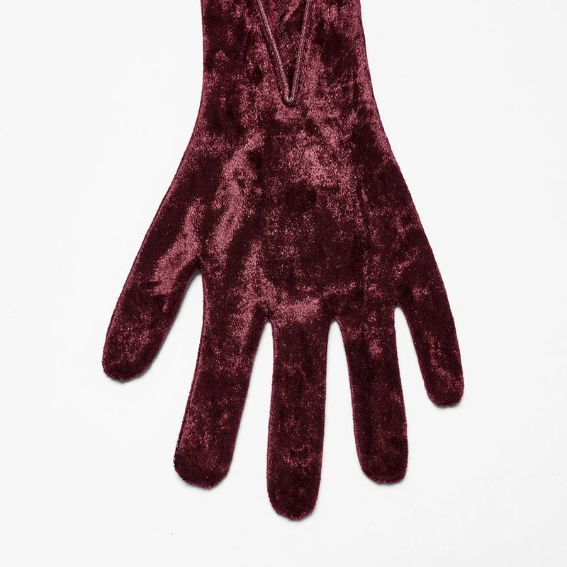 Gothic-Handschuhe aus Samt mit Blumenstickerei für Damen, zum Schnüren, Rot