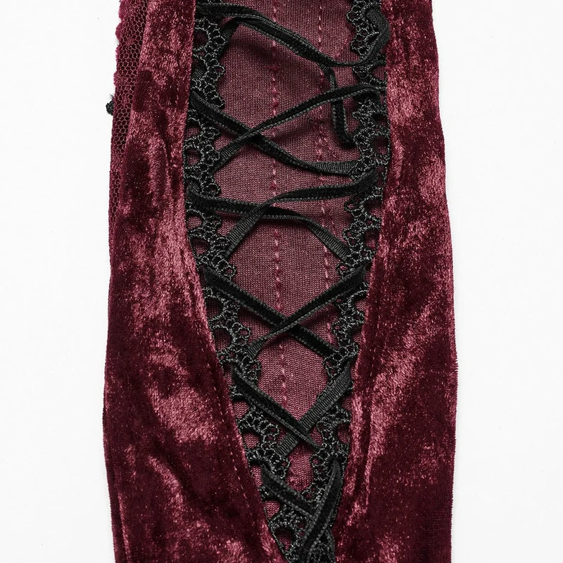 Gothic-Handschuhe aus Samt mit Blumenstickerei für Damen, zum Schnüren, Rot