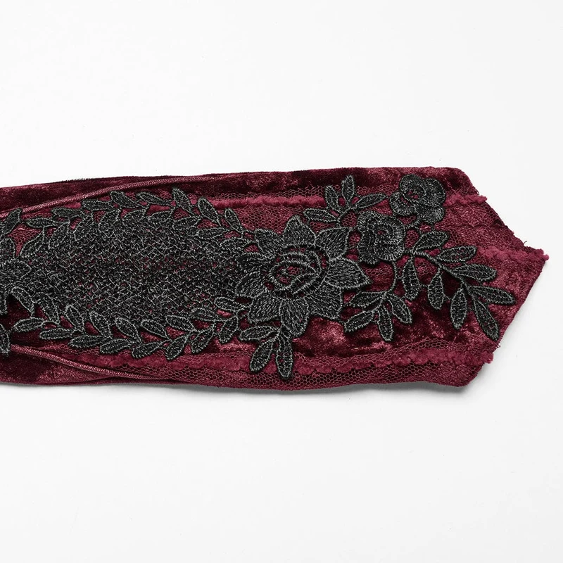 Gothic-Handschuhe aus Samt mit Blumenstickerei für Damen, zum Schnüren, Rot