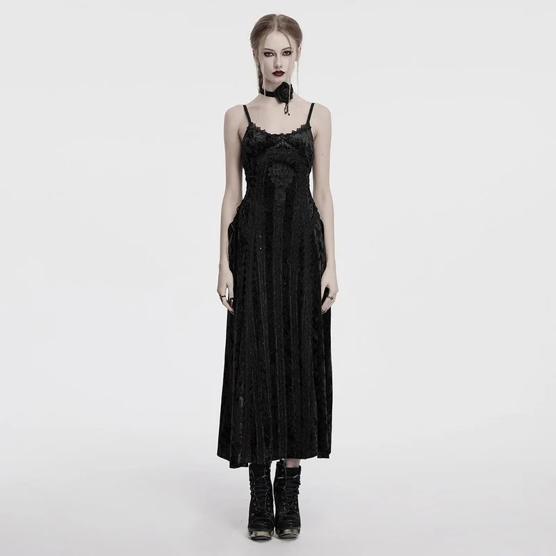 Gothic-Slip-Kleid aus Samt mit Schnürung und Blumenstickerei für Damen, Schwarz