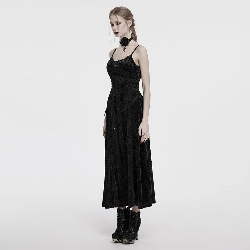 Gothic-Slip-Kleid aus Samt mit Schnürung und Blumenstickerei für Damen, Schwarz